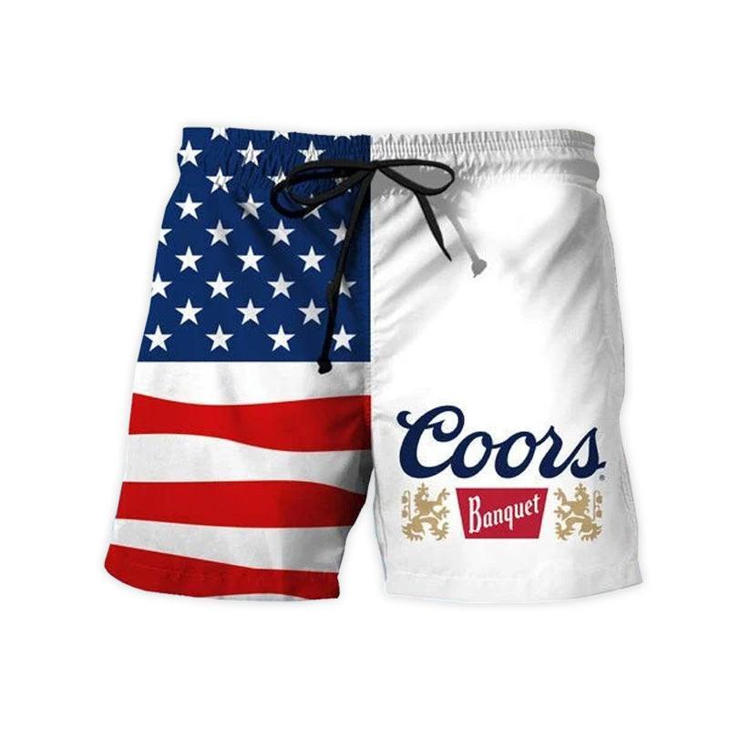 USA Flag Fourth Of July Coors Banquet Swim Trunks Hawaiian Shorts Summer Gift for Dad Men Friend