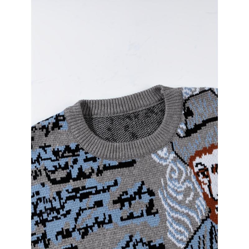 Men's Casual Fashion Knit Sweater - Portrait Pattern, Round Neck, Machine Washable - Perfect for Fall Winter Fabric Knitwear