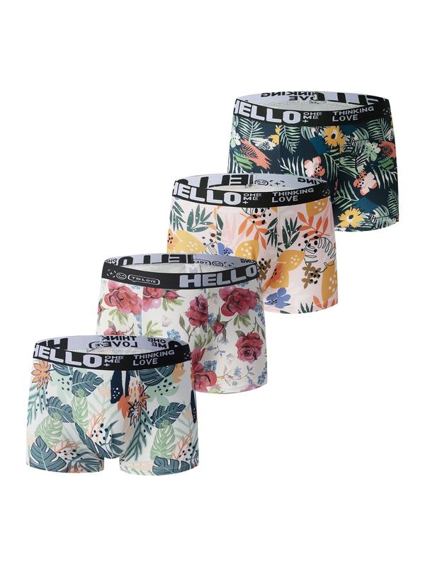 Men's Tropical Floral Print Letter Tape Boxer Briefs, Bohemian Casual Comfy Underwear, Underwear for Men, Summer Underwear, Back To School Clothes, Men Boho Shorts, Men's Underwear for All Seasons, Men Underwear