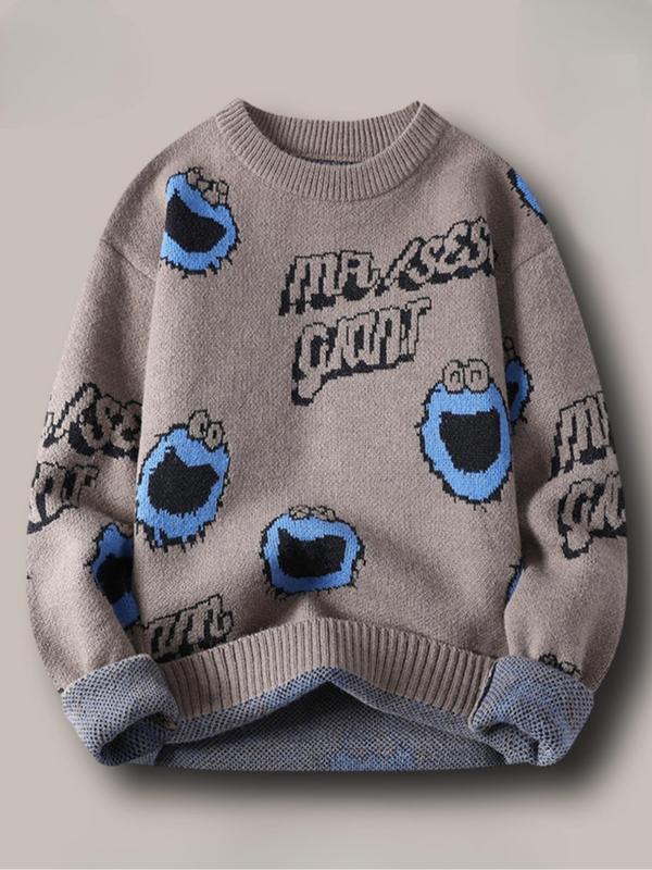 Men's Cartoon Cookie Monster Jacquard Drop Shoulder Sweater, Regular Fit Casual Long Sleeve Round Neck Jumper for Fall & Winter, Fall Sweater, Fashion Men's Knitwear for Daily Wear, Fall Outfits, Fallfreshness