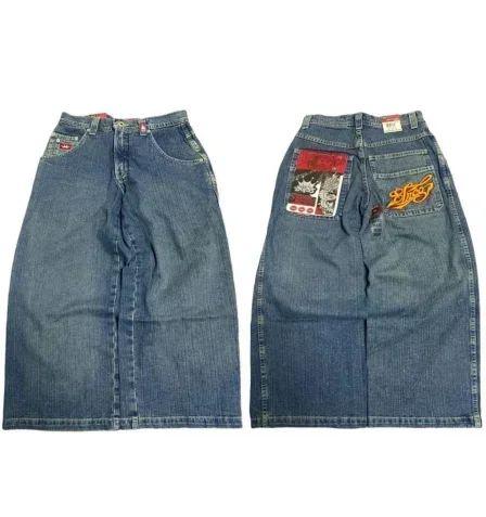 JNCO Harajuku Retro Embroidery Jeans Loose High Waist Wide Leg Pants Trendy Clothing Men's Trousers Denim Vintage Embroidery Baggy Fashion Oversized