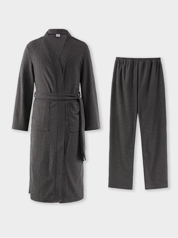 Two-Piece Set Men's Solid Textured Belted Robe & Elastic Waist Pants Pyjama, Casual Comfy Long Sleeve Dressing Gown & Trousers PJ Set, Men's Sleepwear for All Seasons