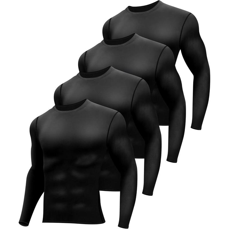 4 Pack Men's Thermal Compression Shirts Long Sleeve Fleece Lined Dry Fit Tops Athletic Base Layer for Winter Skiing