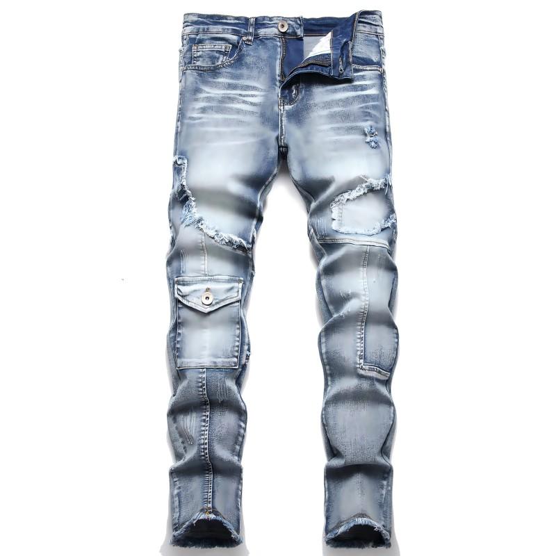 XIMXIMMTIAN Men Slim Fit Jeans Fashion Biker Jeans for Men Stretch Designer Distressed Straight Denim Pants Menswear Human Streetwear Pocket Motocross Wetsuit Plain Trouser jeans for rock revival true religion flaps  plain street vlone scab jeans