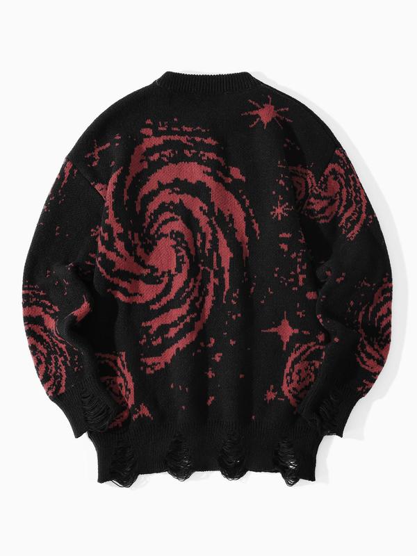 Men's Galaxy Print Ripped Drop Shoulder Sweater, Loose Casual Long Sleeve Round Neck Jumper for Fall & Winter, Fashion Men's Knitwear for Daily Wear