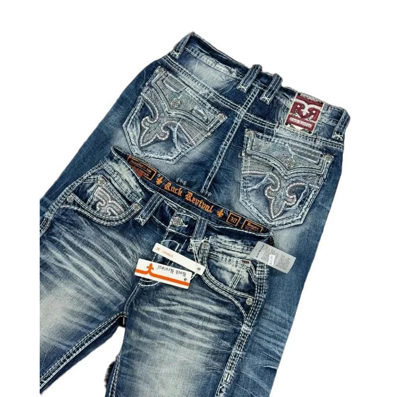 2024 blue embroidered slim jeans Harajuku street men and women retro casual pocket embroidered y2k jeans jeans for men