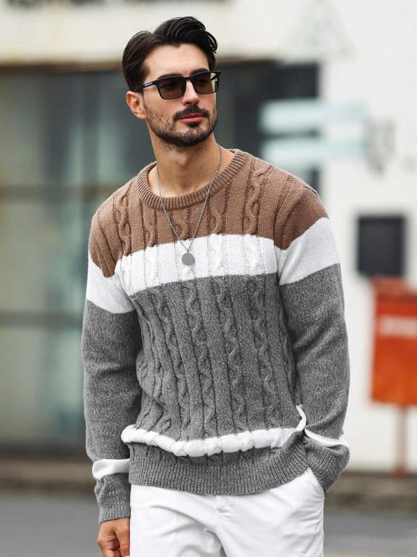 Men's Colorblock Round Neck Cable Knit Sweater, Regular Fit Casual Long Sleeve Crew Neck Jumper for Fall & Winter, Fashion Men's Knitwear for Daily Wear, Fall Sweater, Sweaters for Men Knitted Sweater