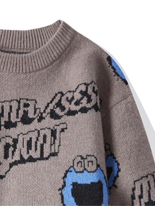 Men's Cartoon Cookie Monster Jacquard Drop Shoulder Sweater, Regular Fit Casual Long Sleeve Round Neck Jumper for Fall & Winter, Fall Sweater, Fashion Men's Knitwear for Daily Wear, Fall Outfits, Fallfreshness