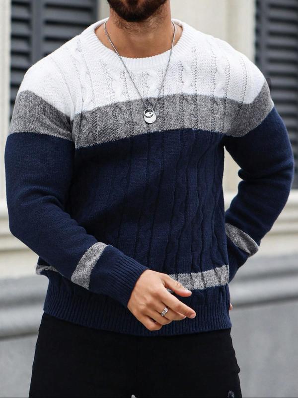 Men's Colorblock Round Neck Cable Knit Sweater, Regular Fit Casual Long Sleeve Crew Neck Jumper for Fall & Winter, Fashion Men's Knitwear for Daily Wear, Fall Sweater, Sweaters for Men Knitted Sweater