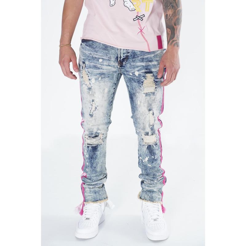 F1782 Shredded Jeans w  Drawstring Side Tape - Dirt Wash