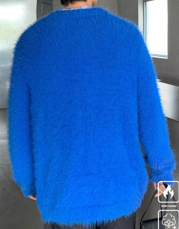 Men's Solid Color V-Neck Long Sleeve Casual Blue Sweater, Autumn Winter