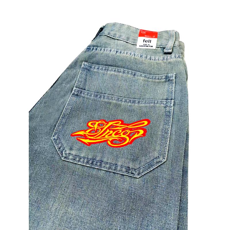 JNCO Harajuku Retro Embroidery Jeans Loose High Waist Wide Leg Pants Trendy Clothing Men's Trousers Denim Vintage Embroidery Baggy Fashion Oversized