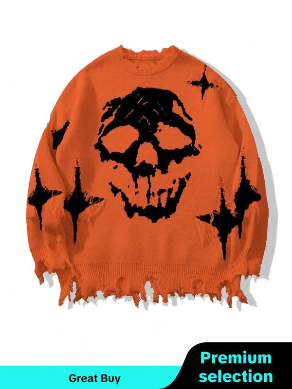 Men's Halloween Themed Graphic Ripped Drop Shoulder Sweater, Loose Casual Street Soft Comfy Long Sleeve Round Neck Jumper for Fall, Fashion Men's Knitwear for Daily Wear Knitted Sweater drop shoulder streetwear