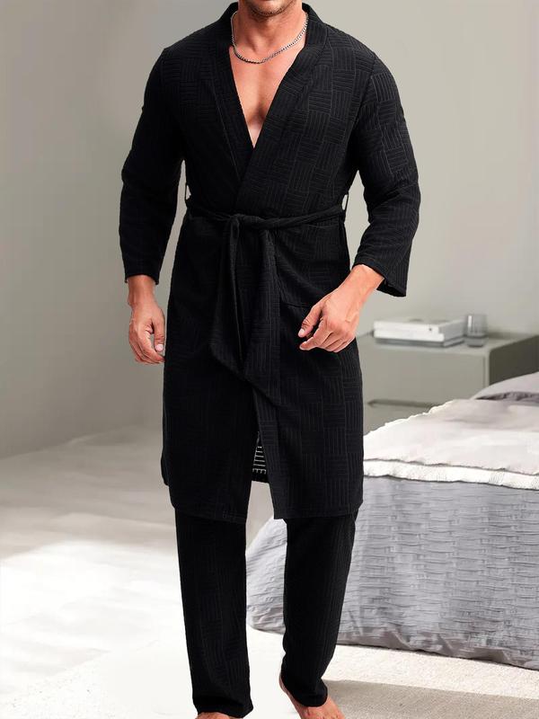 Two-Piece Set Men's Solid Textured Belted Robe & Elastic Waist Pants Pyjama, Casual Comfy Long Sleeve Dressing Gown & Trousers PJ Set, Men's Sleepwear for All Seasons