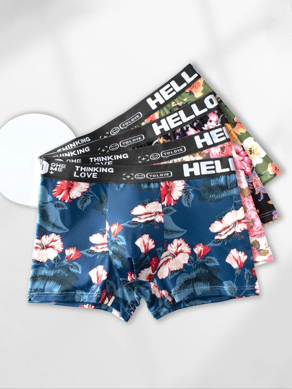 Men's Tropical Floral Print Letter Tape Boxer Briefs, Bohemian Casual Comfy Underwear, Underwear for Men, Summer Underwear, Back To School Clothes, Men Boho Shorts, Men's Underwear for All Seasons, Men Underwear