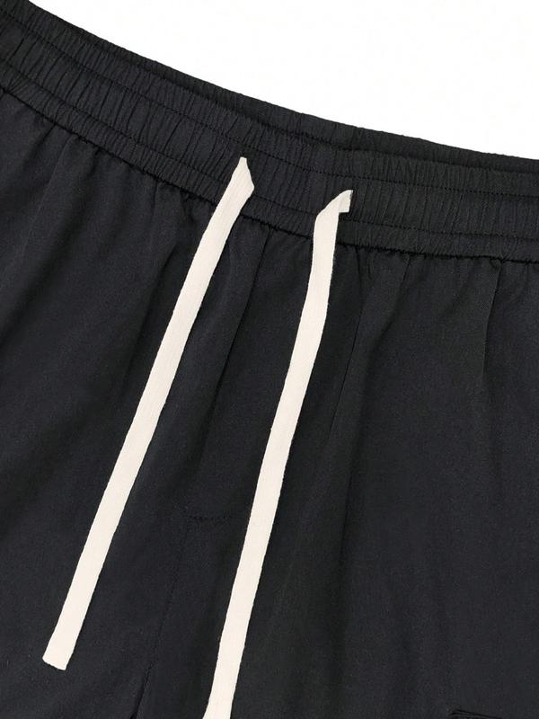 Men's Summer Loose Plain Zipper Pocket Drawstring Cargo Capris Pants, Men's Summer Clothes, Streetwear, Casual Plain Elastic Waist Cargo Capri Pants for Summer, Woven Bottoms for Men, Menswear