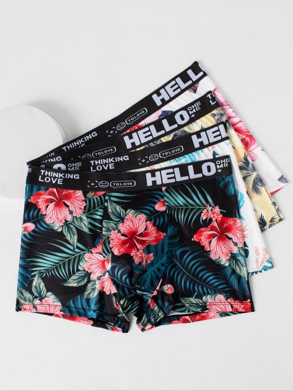 Men's Tropical Floral Print Letter Tape Boxer Briefs, Bohemian Casual Comfy Underwear, Underwear for Men, Summer Underwear, Back To School Clothes, Men Boho Shorts, Men's Underwear for All Seasons, Men Underwear