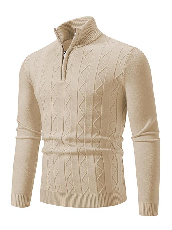 Men's Solid Stand Collar Quarter Zip Sweater, Slim Casual Long Sleeve Jumper for Fall & Winter, Fashion Men's Knitwear for Daily Wear