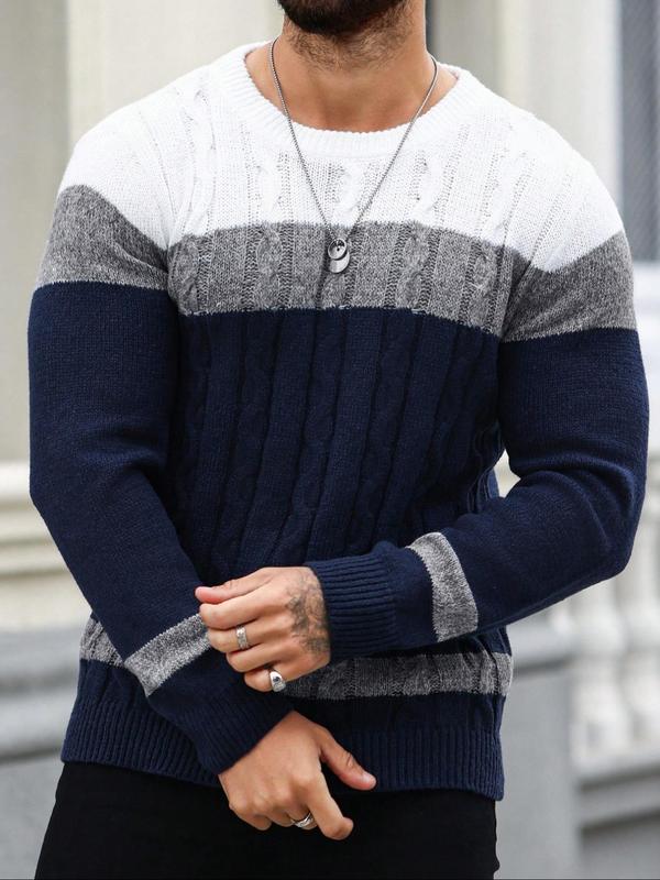 Men's Colorblock Round Neck Cable Knit Sweater, Regular Fit Casual Long Sleeve Crew Neck Jumper for Fall & Winter, Fashion Men's Knitwear for Daily Wear, Fall Sweater, Sweaters for Men Knitted Sweater