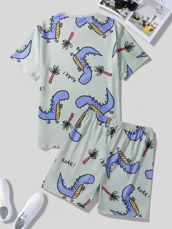 2 Counts Men's Dinosaur Print Round Neck Tee & Shorts Pajama Set, Regular Fit Short Sleeve T-Shirt & Shorts PJ Set, Pajama Sets Women, PJ Sets for Women, Men's Sleepwear Lounge Set for Summer