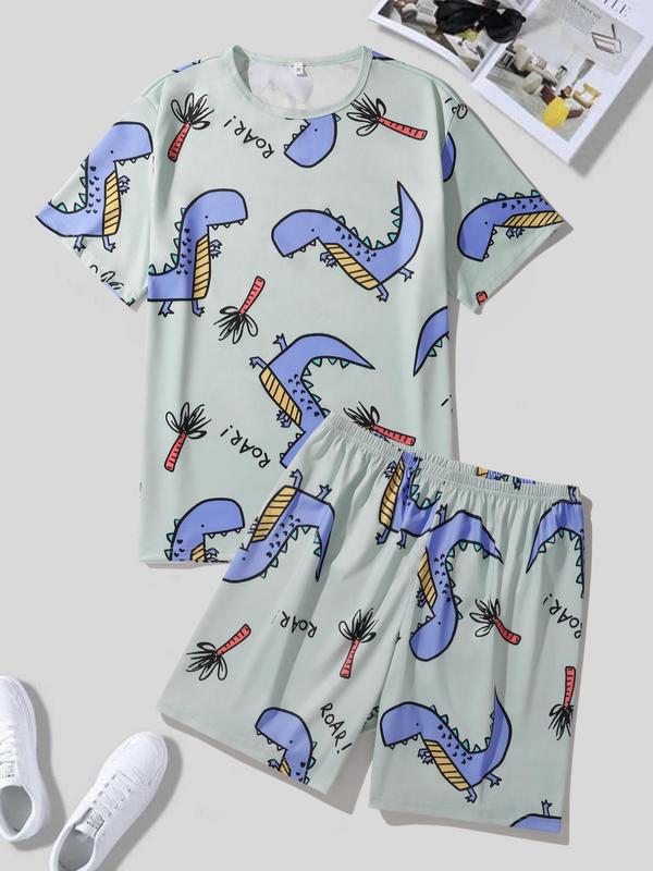 2 Counts Men's Dinosaur Print Round Neck Tee & Shorts Pajama Set, Regular Fit Short Sleeve T-Shirt & Shorts PJ Set, Pajama Sets Women, PJ Sets for Women, Men's Sleepwear Lounge Set for Summer