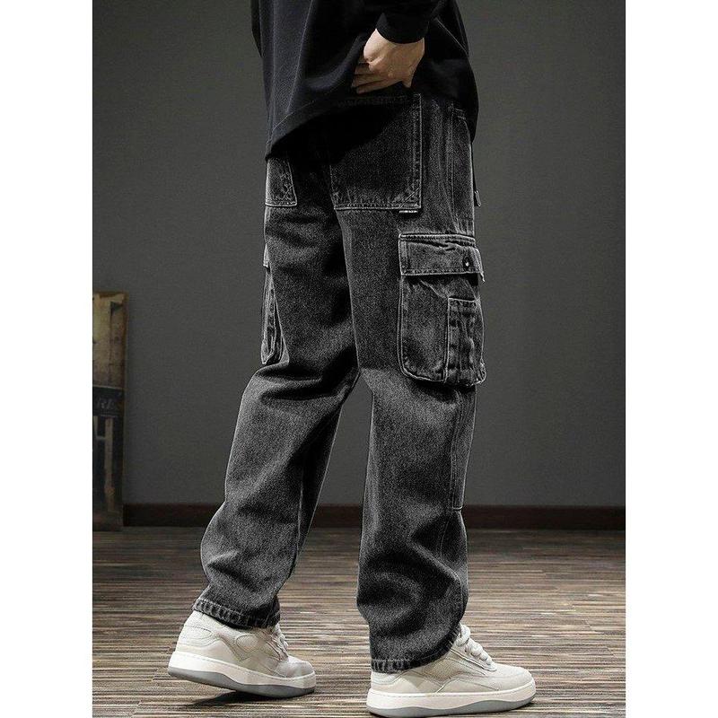 Men's Wide-Leg Cargo Jeans - Relaxed Fit and Multiple Pockets for Stylish and Comfortable All-Season Wear - Pants Fashion Menswear