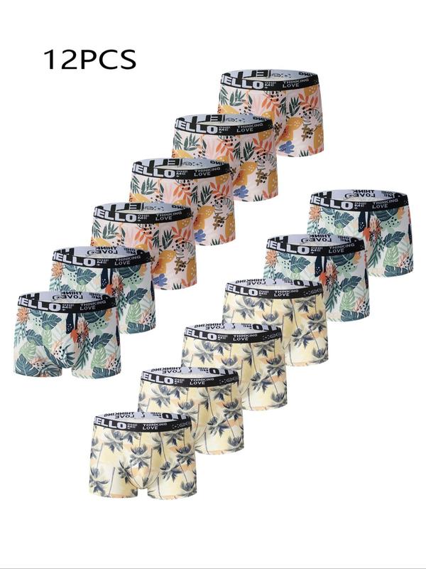 Men's Tropical Floral Print Letter Tape Boxer Briefs, Bohemian Casual Comfy Underwear, Underwear for Men, Summer Underwear, Back To School Clothes, Men Boho Shorts, Men's Underwear for All Seasons, Men Underwear