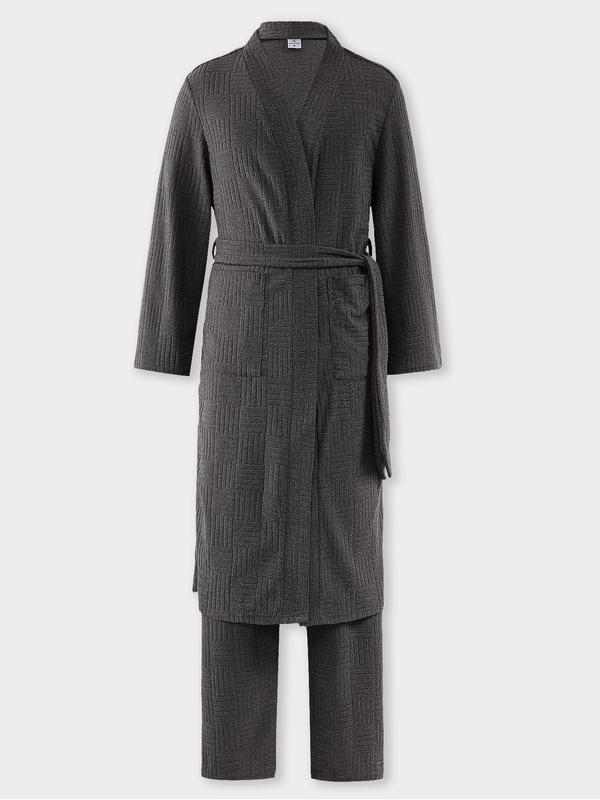 Two-Piece Set Men's Solid Textured Belted Robe & Elastic Waist Pants Pyjama, Casual Comfy Long Sleeve Dressing Gown & Trousers PJ Set, Men's Sleepwear for All Seasons