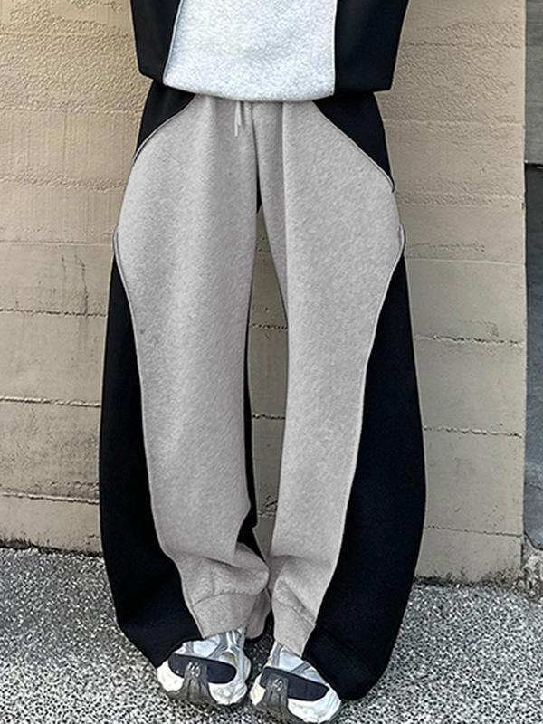 Men's Colorblock Drawstring Waist Wide Leg Pants, Casual Comfy Elastic Waist Trousers for Fall & Winter, Men's Bottoms for Daily Wear