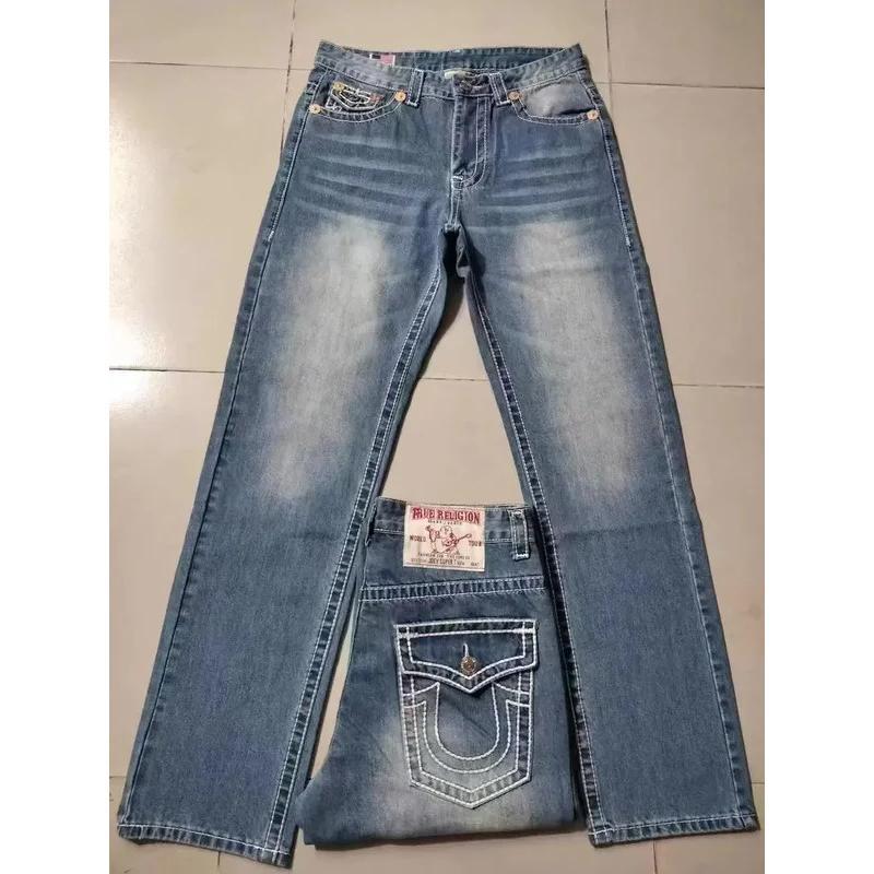 2024 blue embroidered slim jeans Harajuku street men and women retro casual pocket embroidered y2k jeans jeans for men