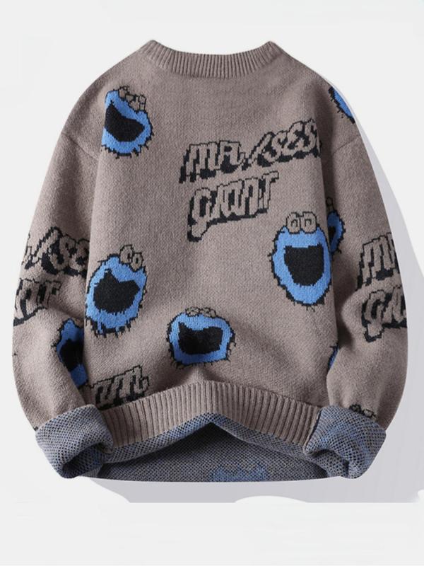 Men's Cartoon Cookie Monster Jacquard Drop Shoulder Sweater, Regular Fit Casual Long Sleeve Round Neck Jumper for Fall & Winter, Fall Sweater, Fashion Men's Knitwear for Daily Wear, Fall Outfits, Fallfreshness