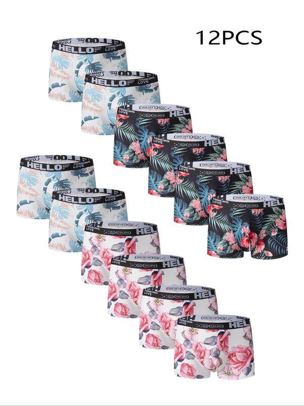 Men's Tropical Floral Print Letter Tape Boxer Briefs, Bohemian Casual Comfy Underwear, Underwear for Men, Summer Underwear, Back To School Clothes, Men Boho Shorts, Men's Underwear for All Seasons, Men Underwear