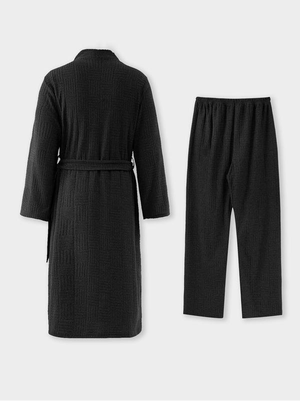 Two-Piece Set Men's Solid Textured Belted Robe & Elastic Waist Pants Pyjama, Casual Comfy Long Sleeve Dressing Gown & Trousers PJ Set, Men's Sleepwear for All Seasons