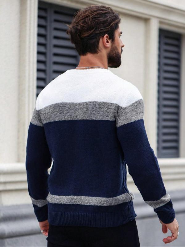 Men's Colorblock Round Neck Cable Knit Sweater, Regular Fit Casual Long Sleeve Crew Neck Jumper for Fall & Winter, Fashion Men's Knitwear for Daily Wear, Fall Sweater, Sweaters for Men Knitted Sweater