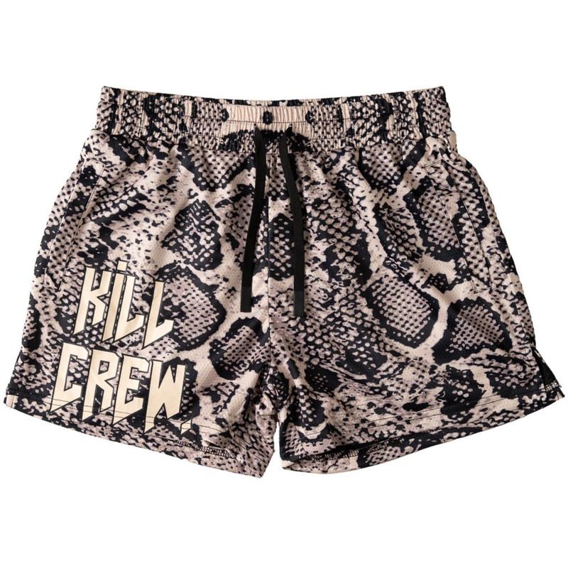 [Kill Crew] Muay Thai Shorts Snake - Black   Cream, Unisex, Mid Thigh Cut, Pockets, Gym Shorts, Elastic Waistband, Long drawcord with wax tips