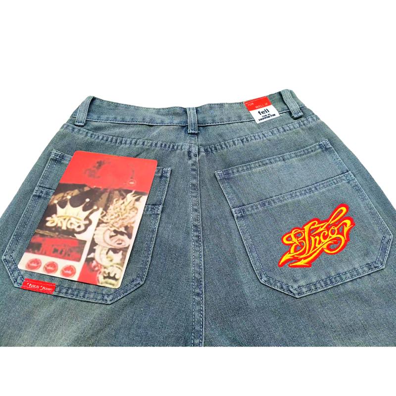 JNCO Harajuku Retro Embroidery Jeans Loose High Waist Wide Leg Pants Trendy Clothing Men's Trousers Denim Vintage Embroidery Baggy Fashion Oversized