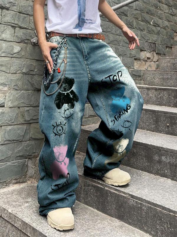 Unisex's Denim-effect & Bear Print Pocket Zipper Fly Straight Leg Pants, Street Fashion Elastic Waist Button Trousers for Daily Wear, Unisex's Bottoms for All Seasons