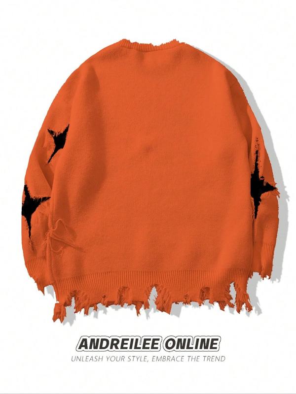 Men's Halloween Themed Graphic Ripped Drop Shoulder Sweater, Loose Casual Street Soft Comfy Long Sleeve Round Neck Jumper for Fall, Fashion Men's Knitwear for Daily Wear Knitted Sweater drop shoulder streetwear