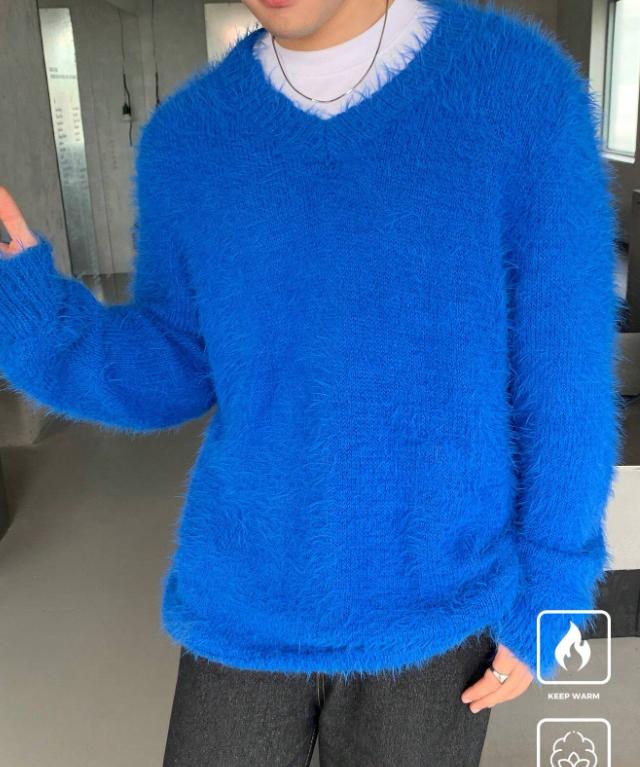 Men's Solid Color V-Neck Long Sleeve Casual Blue Sweater, Autumn Winter